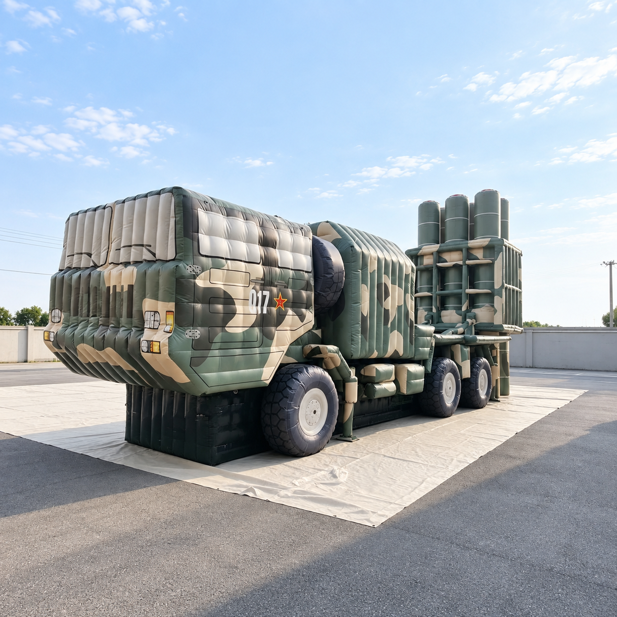 Camouflage inflatable military truck model with upright cylindrical equipment