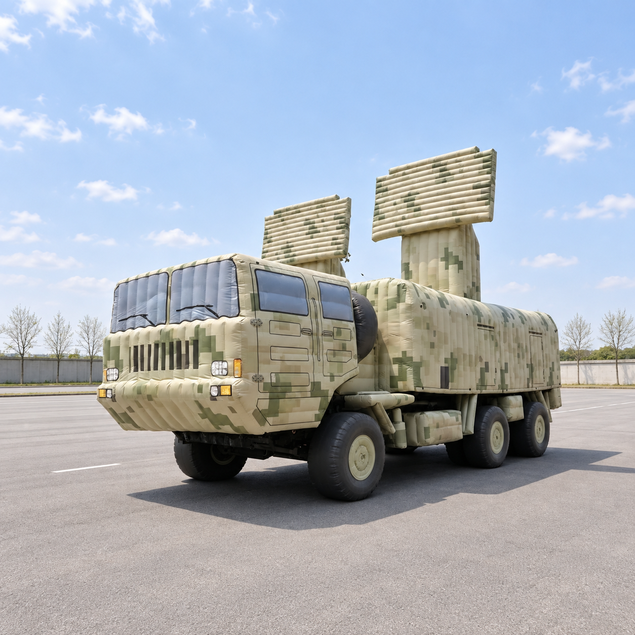 Camouflage inflatable military truck model with raised rectangular panels