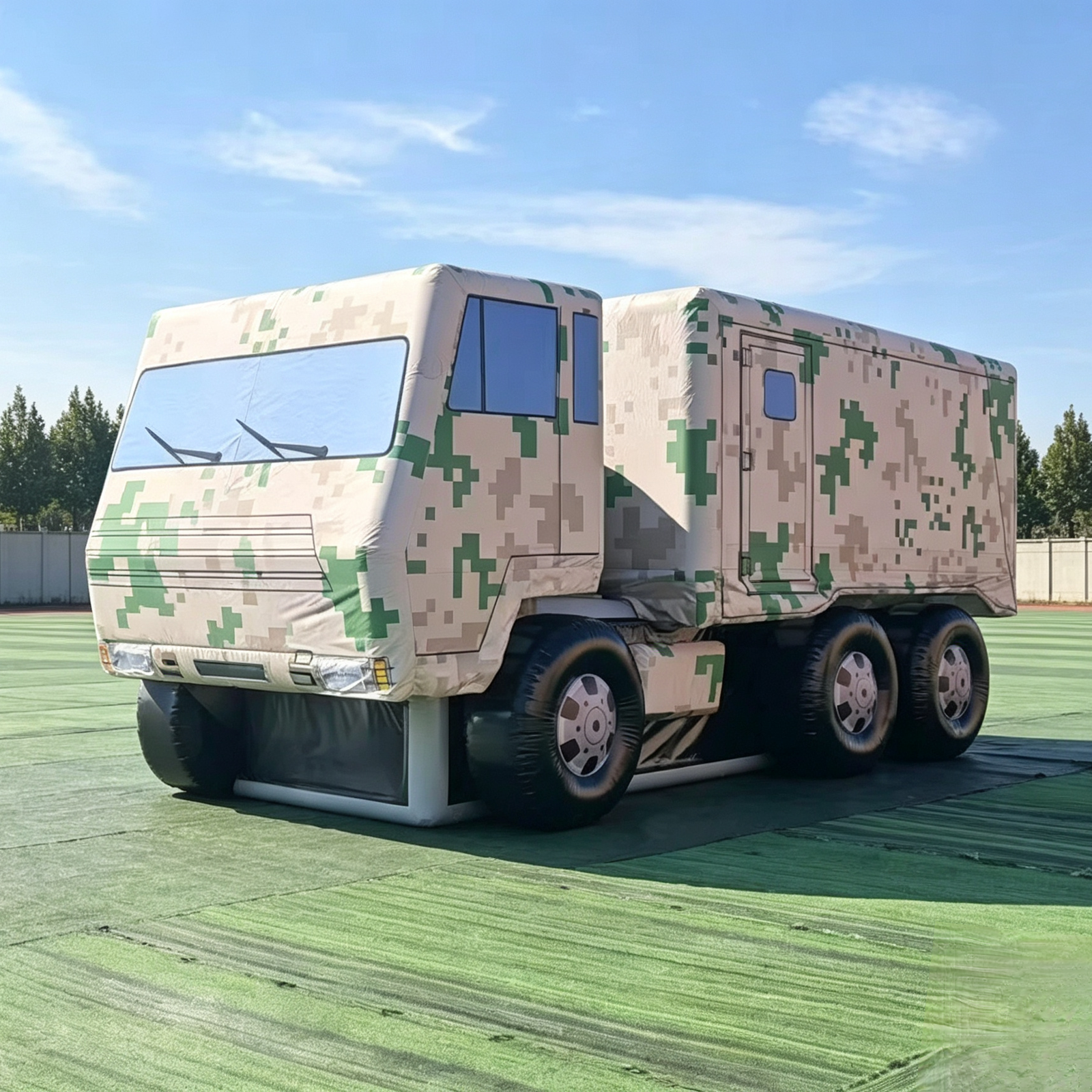 Camouflage inflatable box truck model outdoors