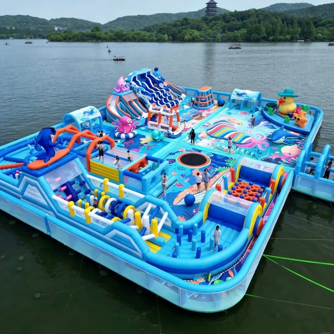 Blue floating inflatable water park with slides and sea creature decorations